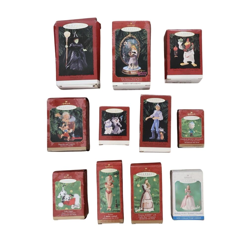 11 Vintage Hallmark Keepsake Ornaments Lot Disney Barbie Peanuts Wizard of Oz